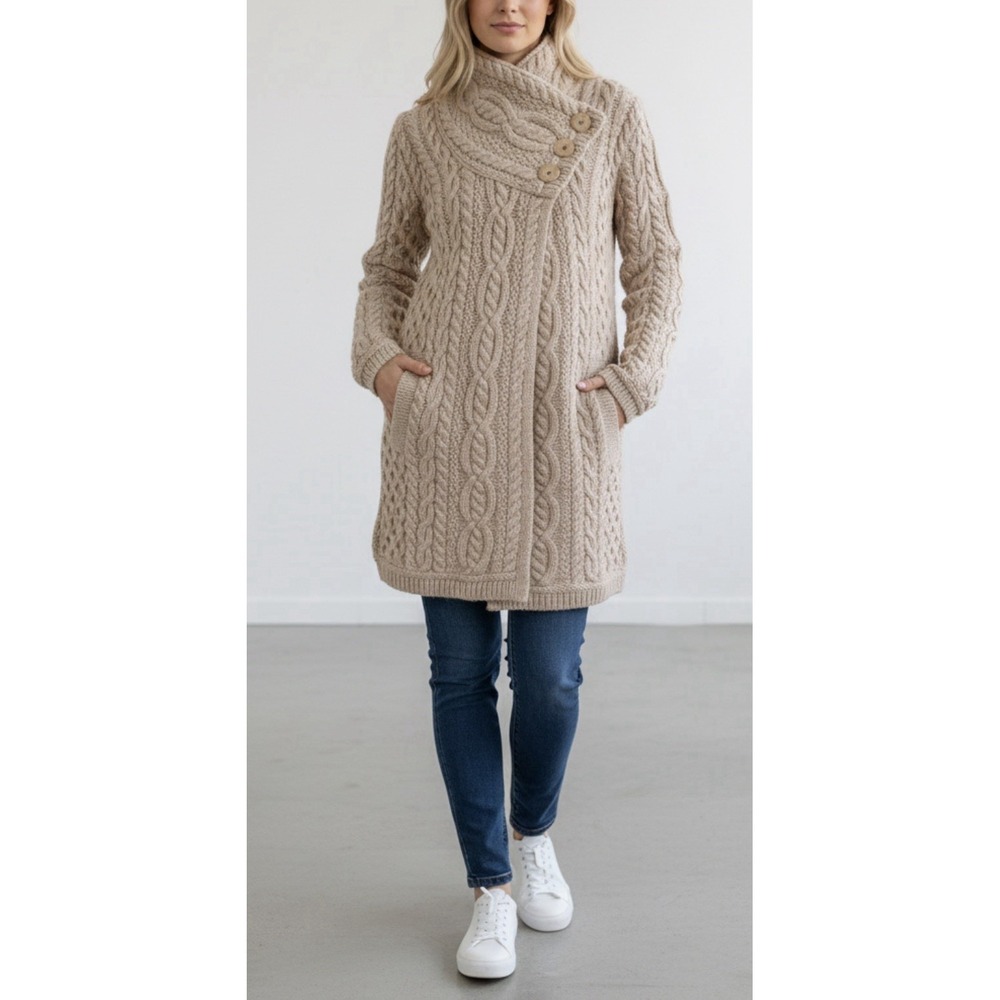 Aran Crafts England Merino Wool Coatigan Cable Knit Cottagecore Sweater Coat S